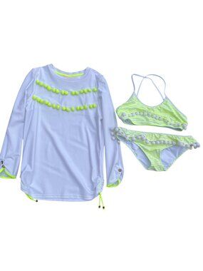 Sunuva Kids 3-Piece Swim Set Neon Lime Stripe Pom Pom Bikini & Rash Guard-13/14y